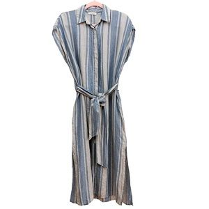 Casa Mastro 100% Linen Made in Italy Striped Belted Tunic Midi Dress Blue Gray